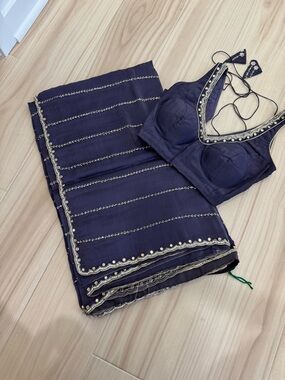 Purple Blue Embellished Saree with Matching V-neck Blouse